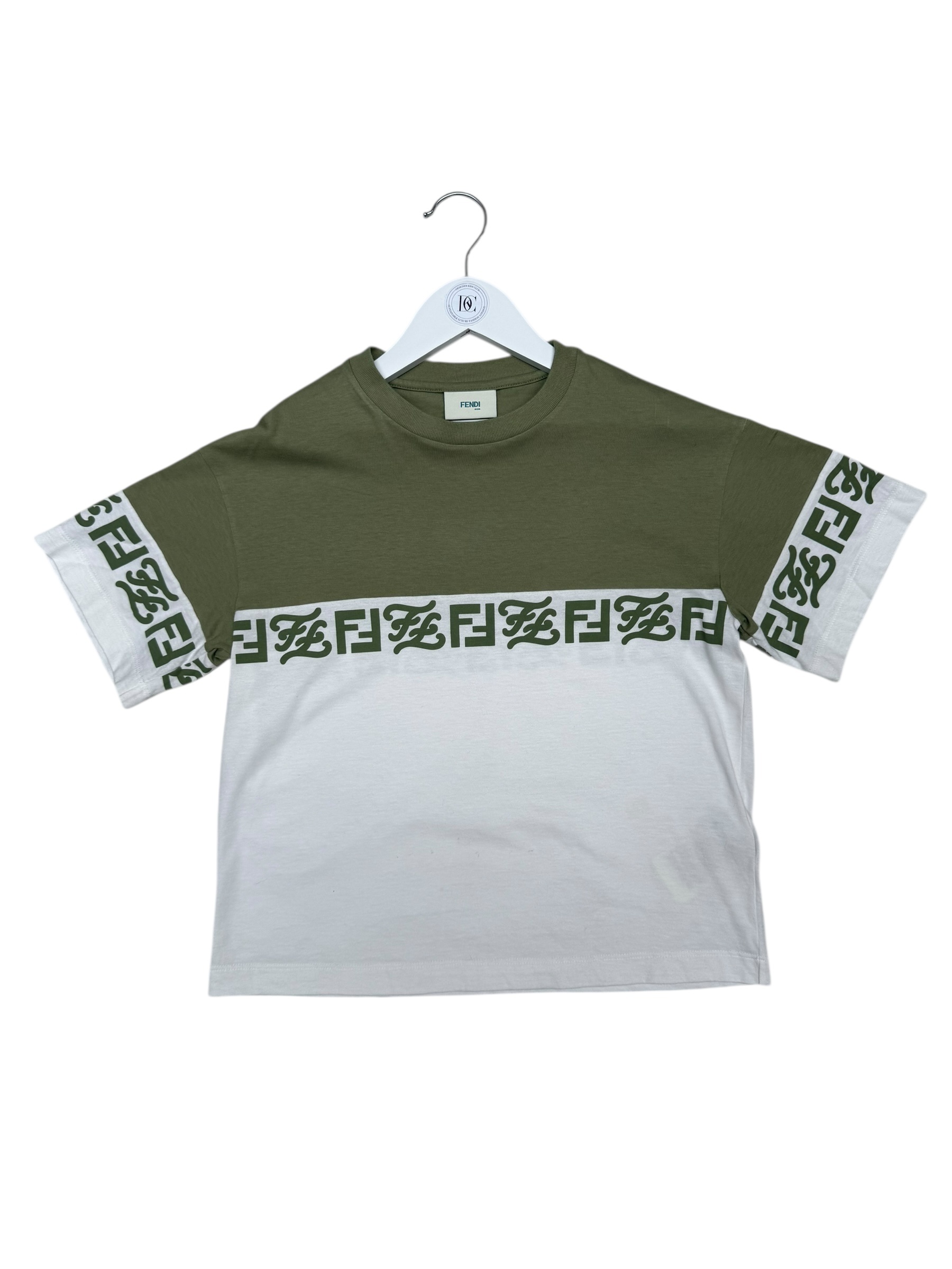 FENDI KHAKI & WHITE LOGO PANEL T-SHIRT AGE 8-image